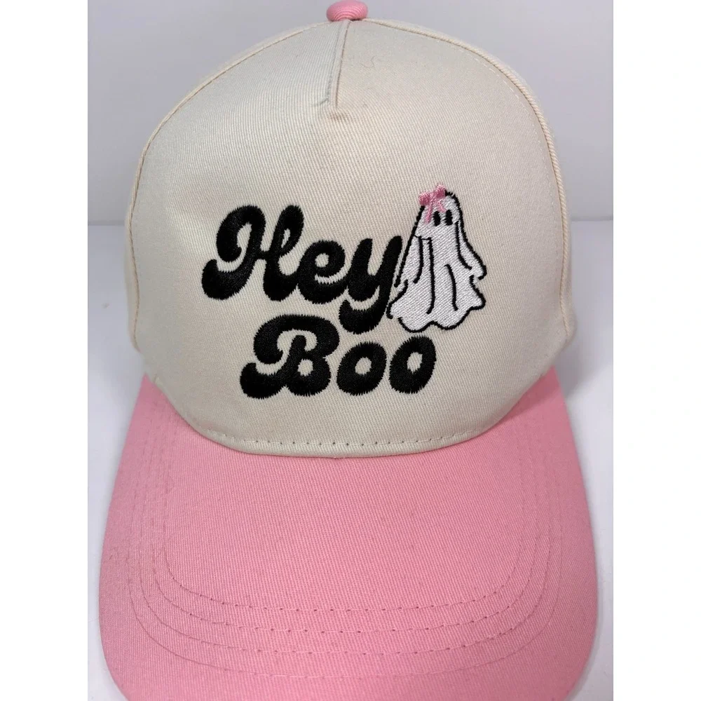 Hey Boo Ghost Halloween Bow Emb Trucker Hat Cap Pink Lily Embroidered Snap Back
